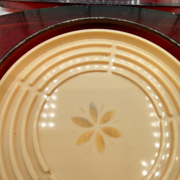 MCM Vintage Coasters set of 8 W/Metal Stand Plastic Amber with Cream Center - Picture 9 of 14